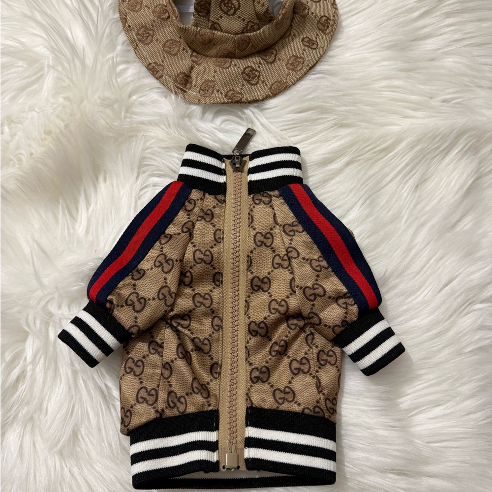 Luxury Pet Jacket with Black and White Stripes Brown jacket